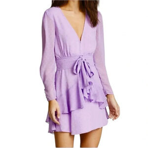 For Love and Lemons Purple V Neck Swiss Dot Front Tie Ruffle Mini Dress Size S
